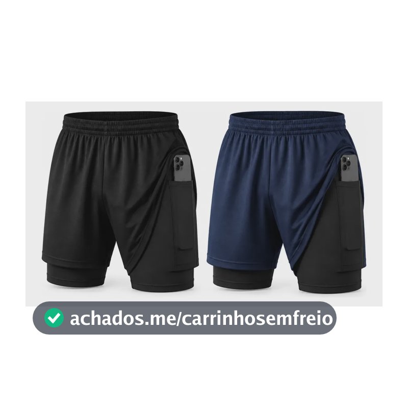 Kit 2 Shorts 2 Em 1 Masculino Dry Fit Academia Bolso Interno Preto - Azul P