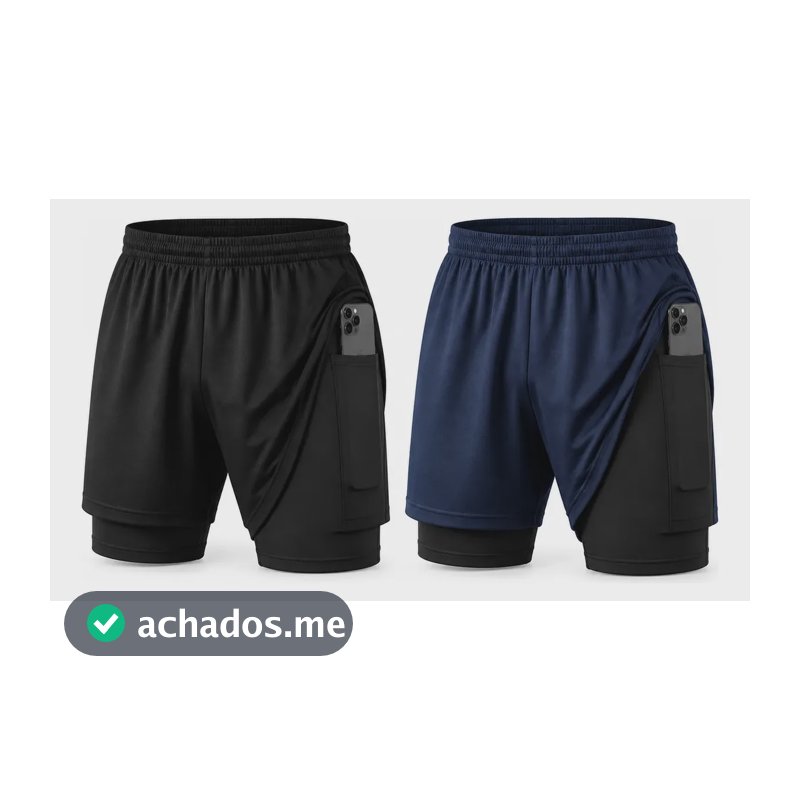 Kit 2 Shorts 2 Em 1 Masculino Dry Fit Academia Bolso Interno Preto - Azul P