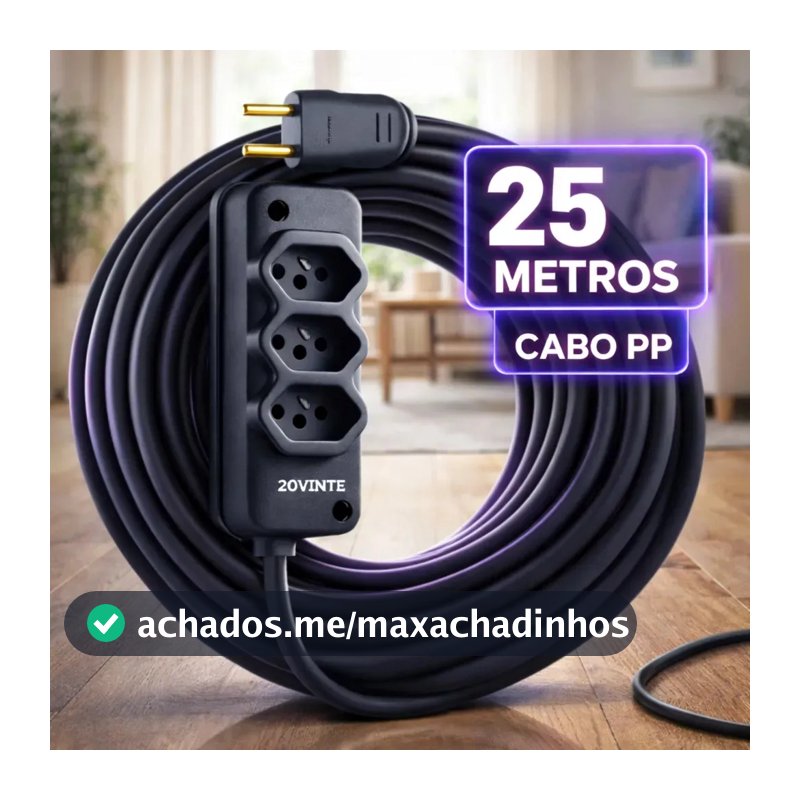 Extensão Elétrica 25 Metros Cabo Pp Reforçada Obra Profissional 10/20a Fio Grosso 2x2,5mm Tomada Tripla Cor Preto 20vinte