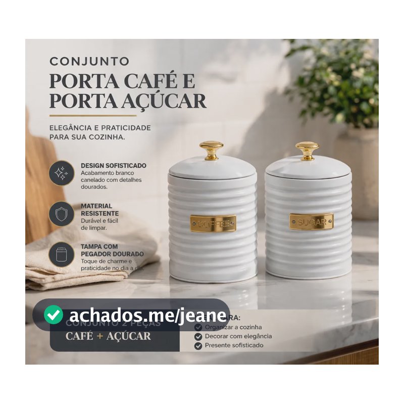 Kit Porta Açucar E Porta Café Metal Com Tampa Friso Branco