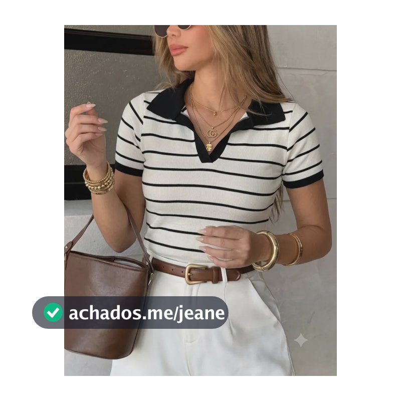 Blusa Feminina Manga Curta Polo Listrada Moda Verão Elegante Off/preto Listras Único