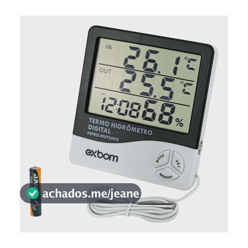 Termômetro Higrômetro Digital Exbom p/ Temperatura e Umidade com Relógio