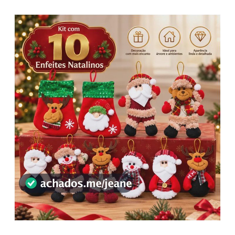 Kit 10 Bonecos De Pelúcia Pendentes Para Arvore De Natal Pingente Enfeites Decoração Tecido Luxo Premium Aquattro