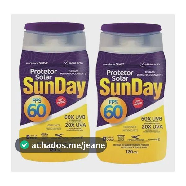 Kit 2 Protetor Solar Sunday Fator 60 Fps 120 Ml Proteção Sol