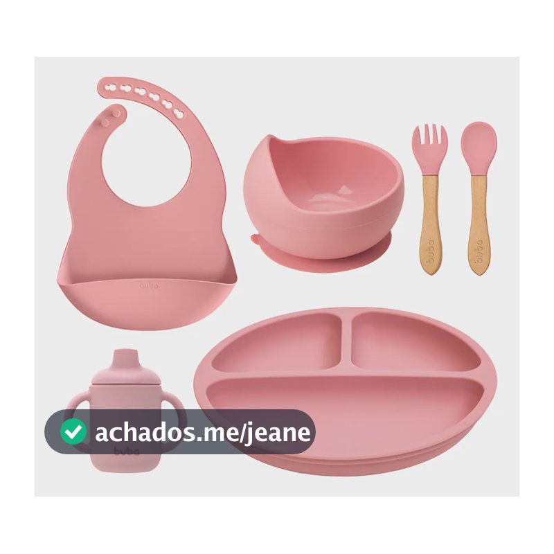 Kit Refeição Babador + Copo + Prato + Bowl + Talheres Buba Rosa