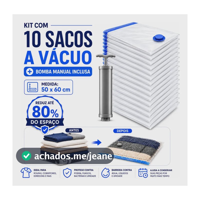 Kit 10 Sacos à Vácuo 50x60cm + Bomba manual Inclusa Organização Roupas Edredons Cobertores Mala Viagem