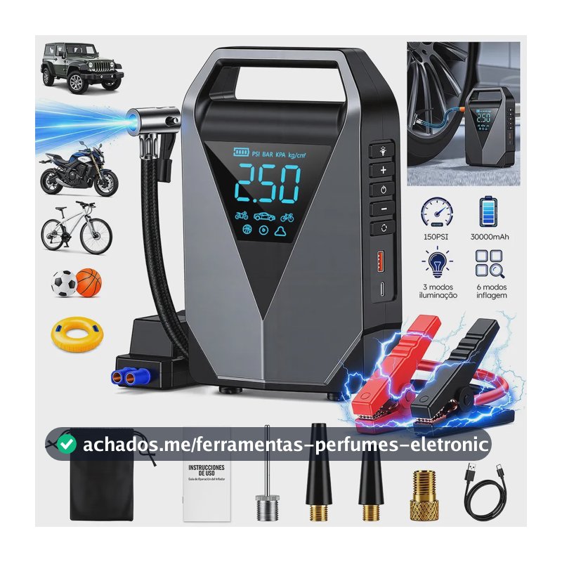 aweshine Compressor de Ar Portátil 150PSI Automotivo com Auxiliar Partida Portátil,6 Modos Inflagem, Power Bank, Tela Digital Grande, Lanterna Emergência 3 Modos Compatível Carro Moto Caminhão