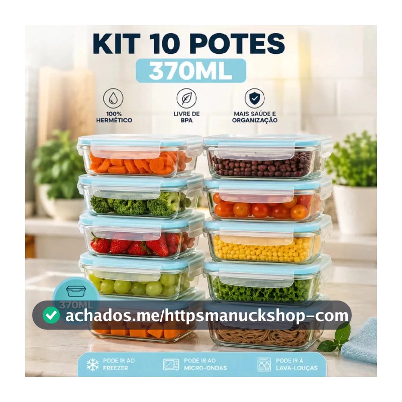 Kit 10 Potes Herméticos Vidro 370ml Marmita Fitness Tampa 4 Travas Anti Vazamento Forno Refratário Micro-ondas Airfryer Hxrd