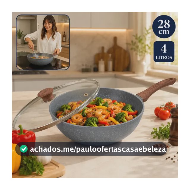 Frigideira Grande Wok Cerâmica Antiaderente 28 cm, Com Tampa de Vidro, Para Indução e Gás