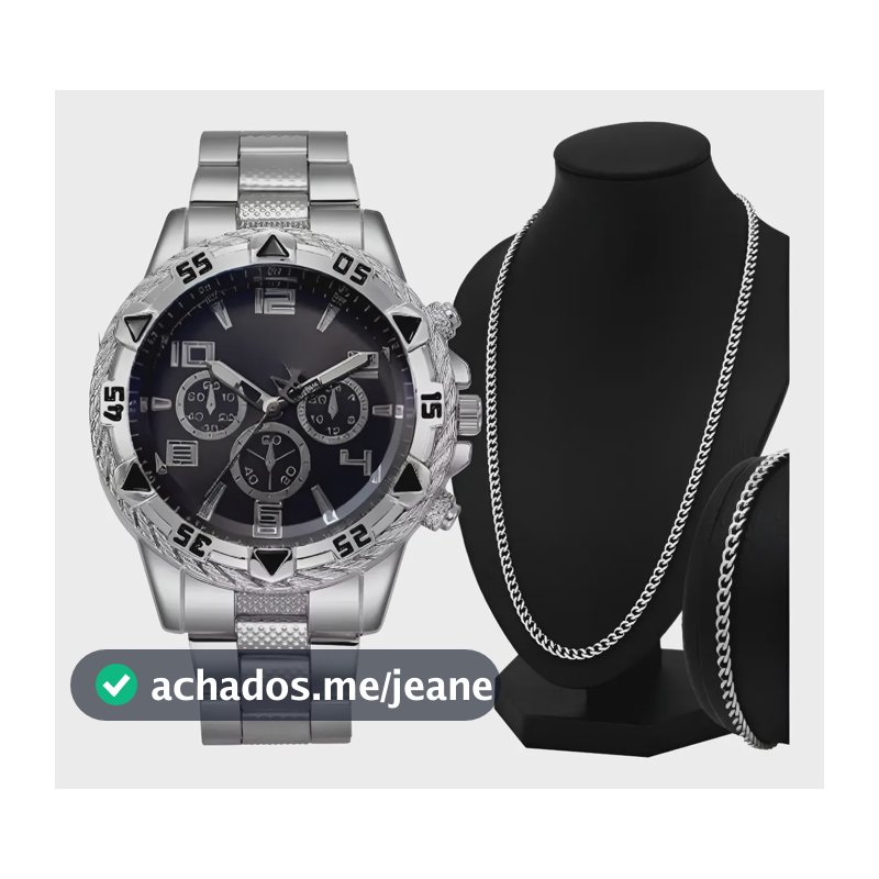 Relógio Masculino Prova D'água Quartzo Kit Corrente Pulseira Prata/preto