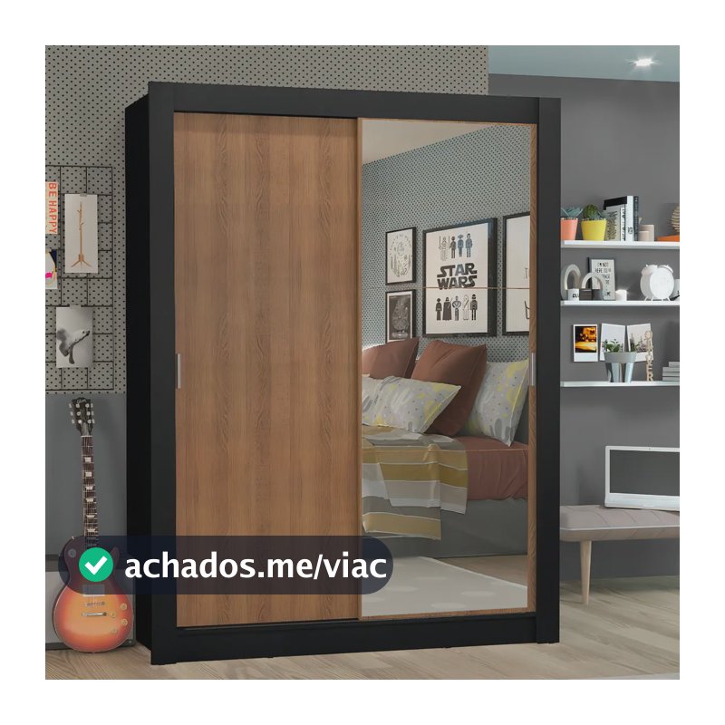 Guarda-roupa Solteiro Madesa Denver 2 Portas C Espelho P Cor Preto/Rustic
