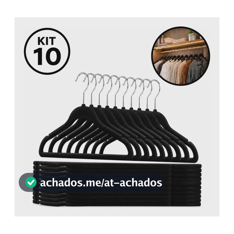 Kit 10 Cabides De Veludo Adulto Fino Antideslizante Roupas Preto