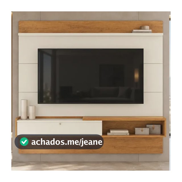 Painel Suspenso para TV 65 Polegadas Home Tirunfo Off White Canela 180cm com Porta Basculante e Prateleira MDP Sala de Estar Moderno Suspenso na Parede com Design Elegante e Detalhe Chanfrado