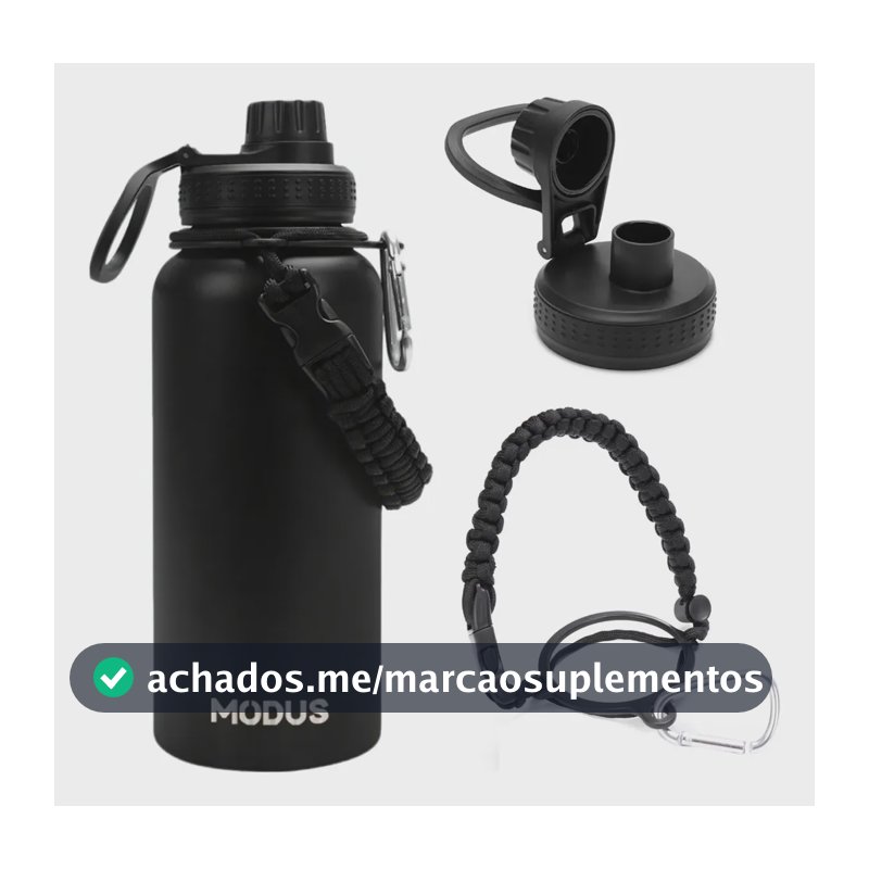 Garrafa Térmica 1000ml Aço Inox 304 Gelo 18h Quente 12h Com Alça Paracord Cor Preta-j252