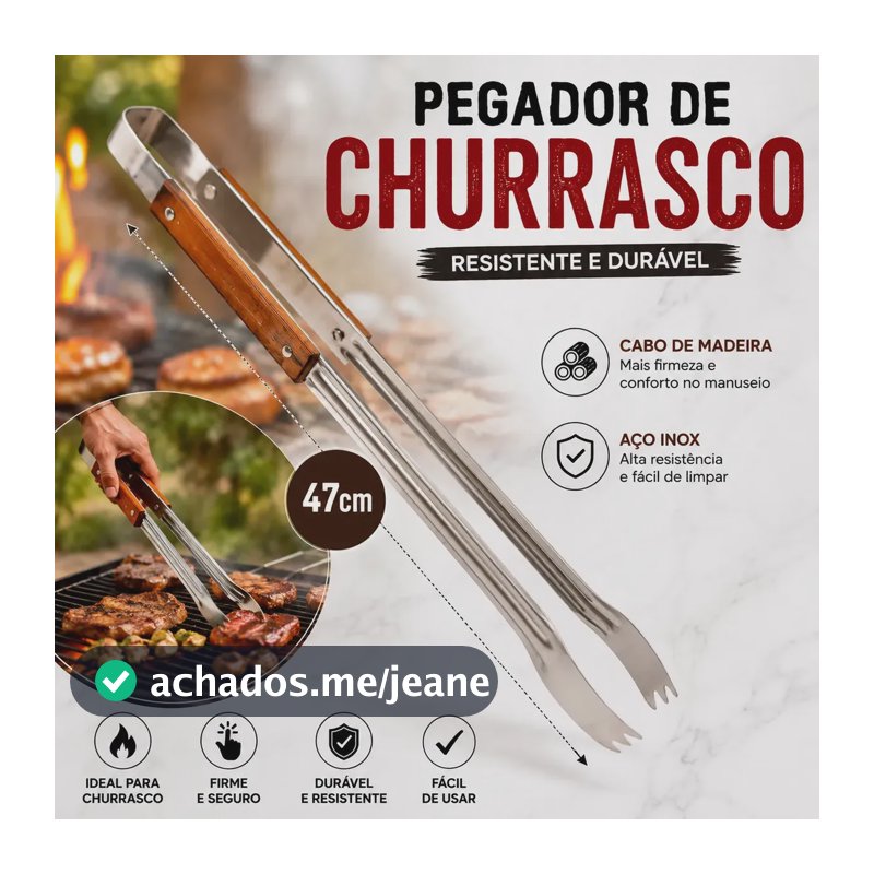 Pegador Para Carne Churrasco Inox E Madeira 47cm Resistente Cabo Madeira Grande Longo Pegador Churrasco Profissional Mariazinha