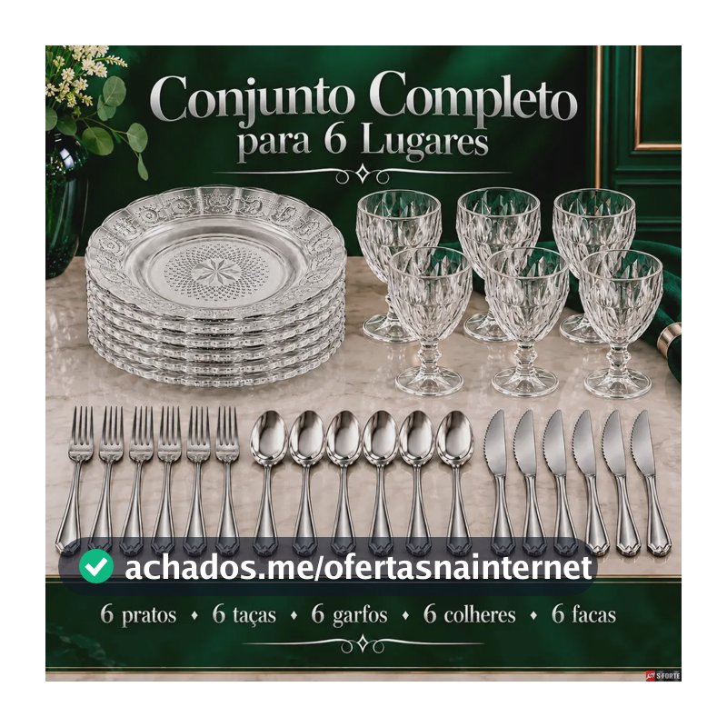 Aparelho de Jantar Sforte 30 Peças com Pratos e Taças de Vidro e Talheres em Inox
