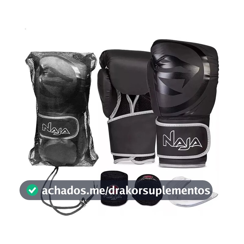 Kit Luva Boxe Muay Thai Naja Black Bandagem + Bucal Cor Prata Tamanho 16oz