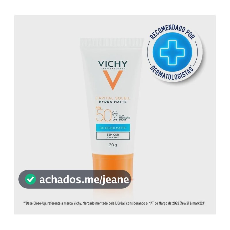 Protetor Solar Facial com Efeito Matte por 12h, Alta Proteção FPS 50, Toque Seco e Controle de Brilho, Sem Cor, Capital Soleil HydraMatte, Vichy, 30g