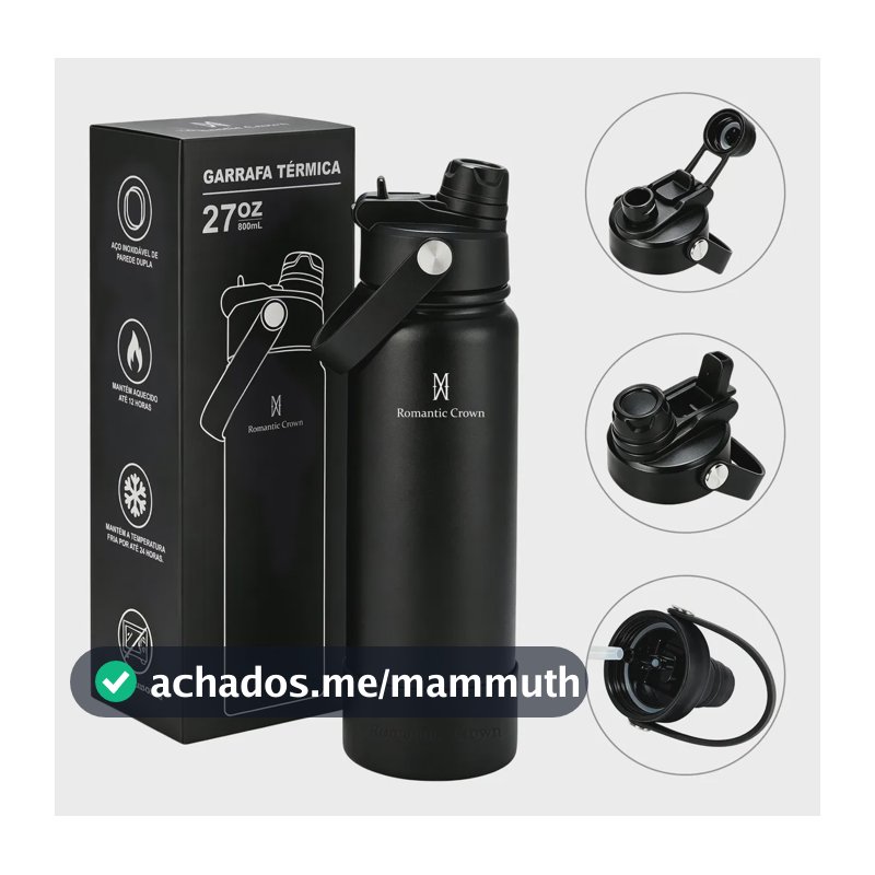 Garrafa Térmica 800ml Inox Bico Duplo Canudo Alça Esporte Preto