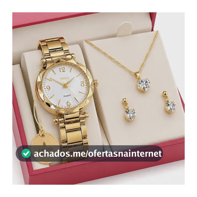 Relógio Feminino Analógico + Colar Brincos Folheado Ouro 18k