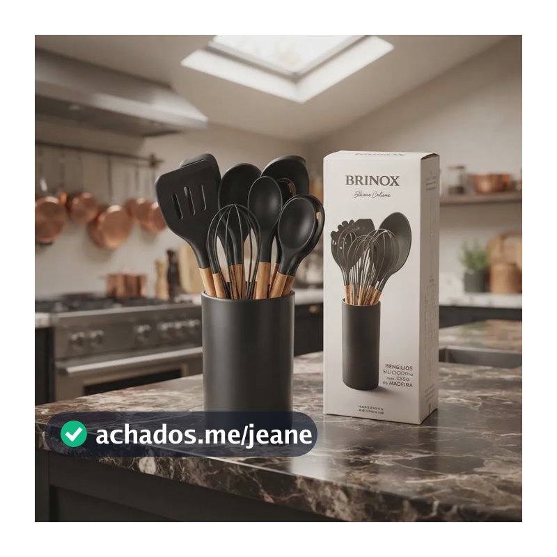 Kit 12 Peças Brinox Silicone Com Cabo De Madeira Verde Claro Preto
