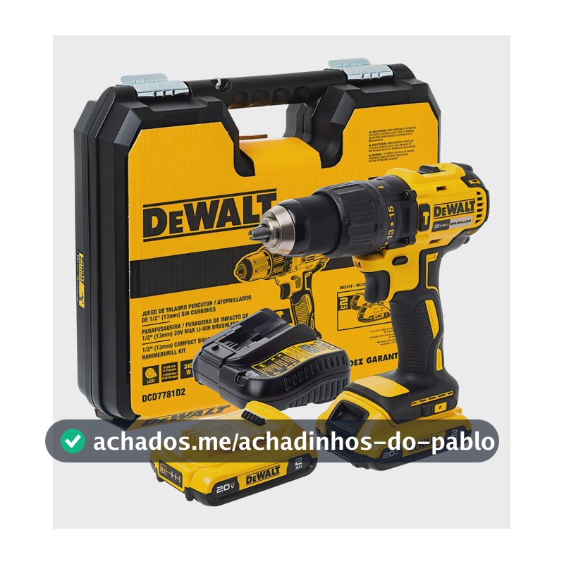 Parafusadeira e Furadeira de Impacto 13mm 20V DEWALT DCD7781D2 Com 2 Baterias, Carregador e Maleta