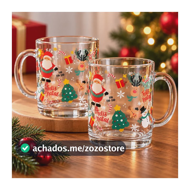 Kit 2 Canecas Vidro 320ml Natal Presente Papai Noel Natalina Transparente Feliz Natal