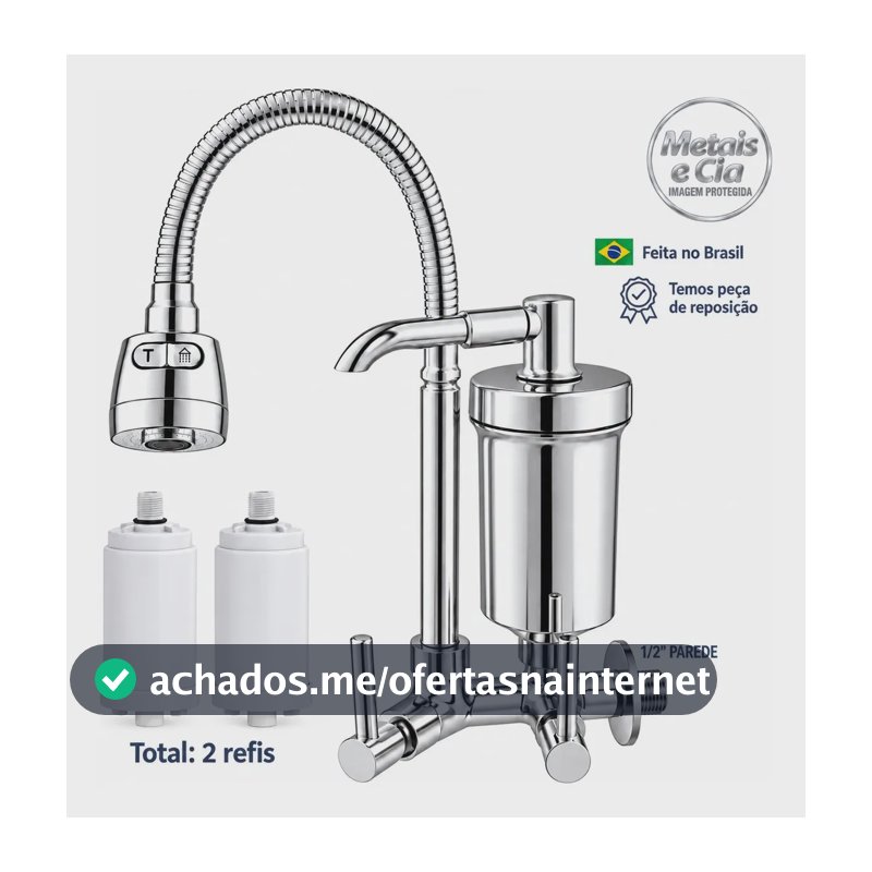 Torneira Com Filtro Gourmet Pia Bica Cozinha Parede 2 Refis Flexivel Purificador Com Algodão PP Ativo