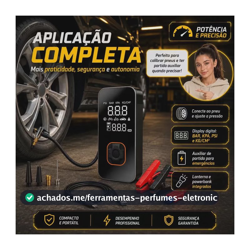 Compressor de Ar Digital para Pneus com Auxiliar de Partida, Power Bank e Lanterna LED