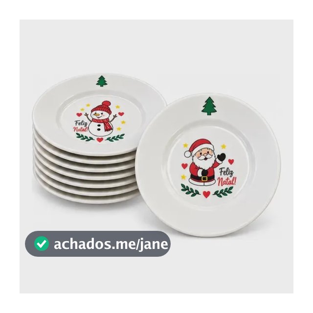 Kit 8 Pratos De Natal Porcelana Premium 16,5cm Pão Sobremesa Branco Pratinho Natalino Pão / Sobremesa