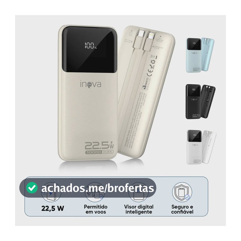 Carregador Portátil Inova Power Bank 10000mAh para iPhone e Samsung Com Carregamento Rápido de 22.5W