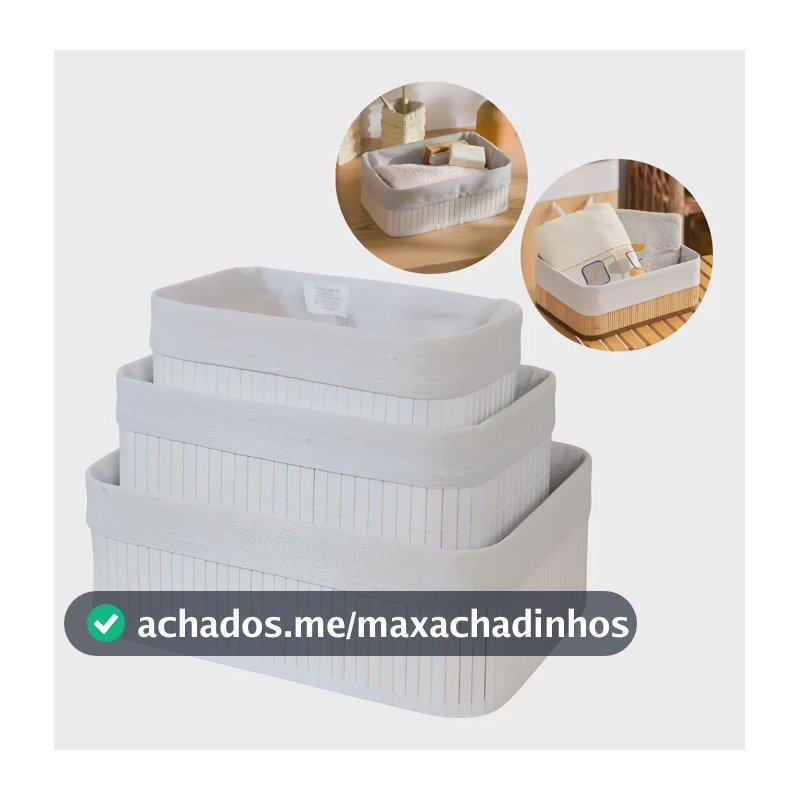 Kit 3 Cestos Organizadores De Bambu Multiuso Com Forro Cor Branco