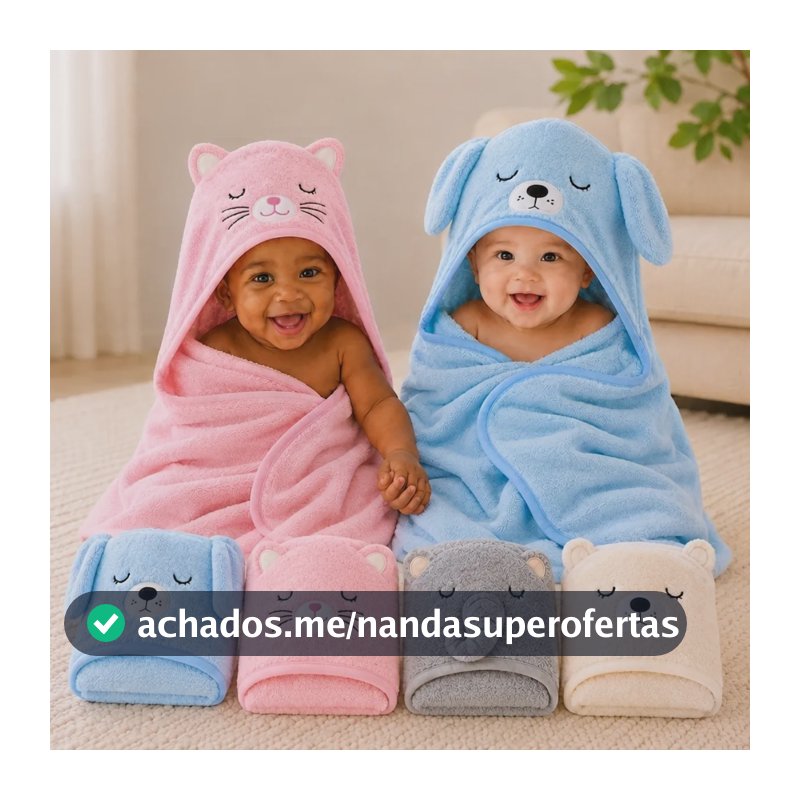 Toalha De Banho Infantil Capuz Para Criança Com Desenho Cinza