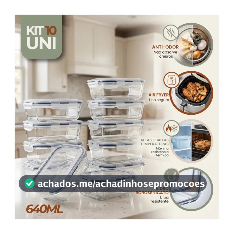 Kit 10 Pote De Vidro Marmita Hermético 640ml Freezer Fitness Rishon