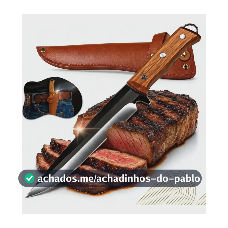 Faca Artesanal Cozinha Churrasco Aço Inox 28cm Cabo Madeira Marrom-claro