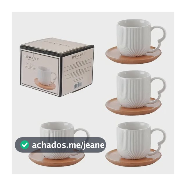 Jogo 4 Xícaras Café Cerâmica Branca 90ml C/Pires Bambu Haüskraft