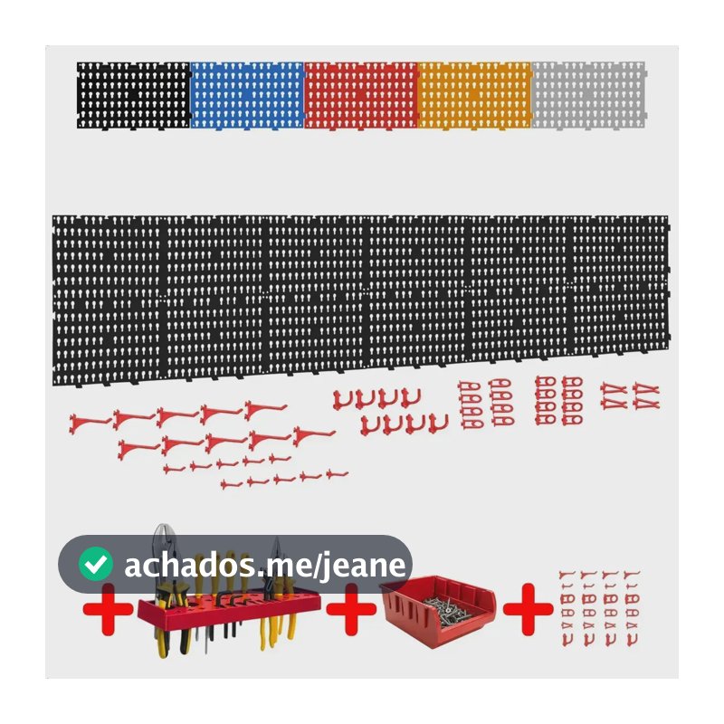 Painel Ferramentas Organizador Perfurado 177x35 + Brindes Preto Com Ganchos Vermelho