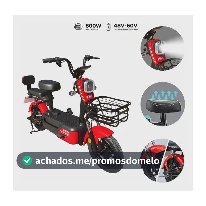 Bicicleta Elétrica 1994 com bateria de lítio de 800W 48-60V 21Ah Bateria de Removível e Pneu 14” Subida de 25° Alarme Amortecedores Dianteiros e Traseiros Assistência ao Pedal Cesto Frontal