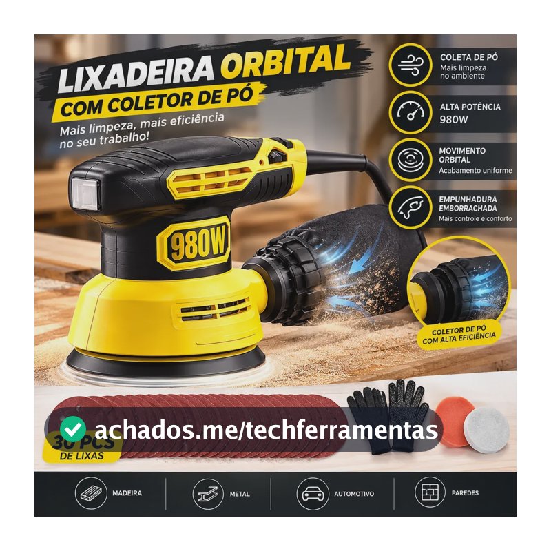 Lixadeira Orbital 980w Profissional De 18000rpm C/ 15 Lixas 127v Amarelo