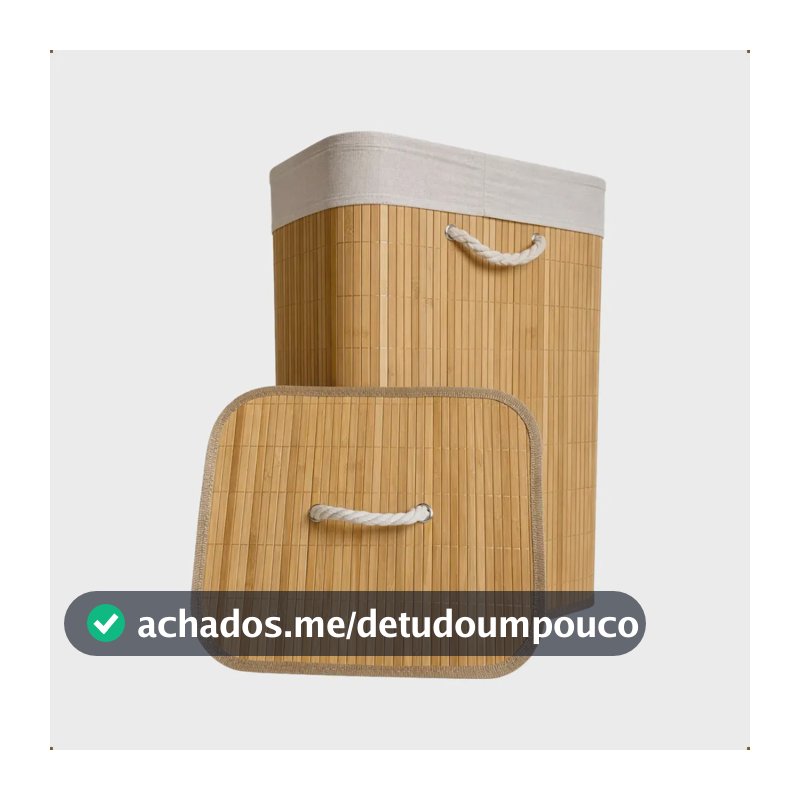Cesto de Roupa Bambu Retangular de 72L com Tampa e Forro de Linho