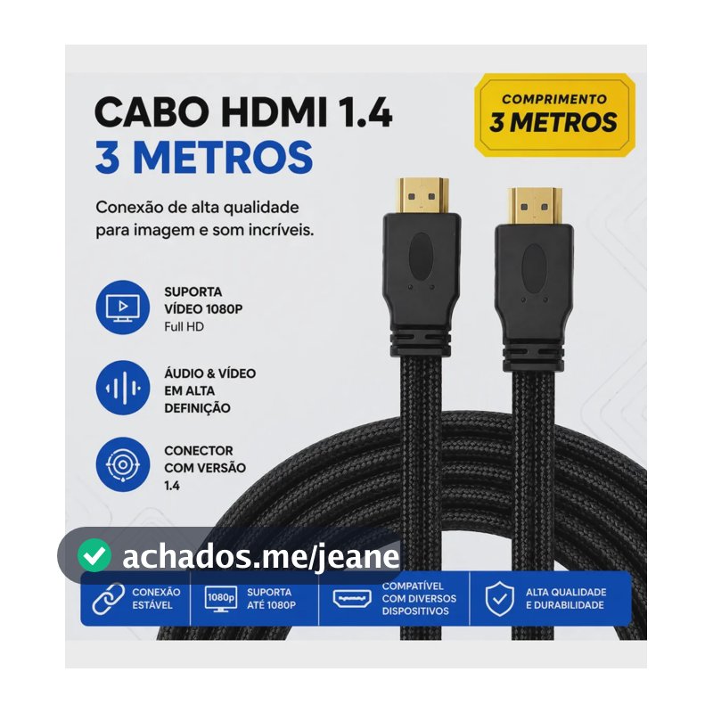 Cabo Hdmi 3 Metros 4k Reforçado Alta Velocidade Ultra Hd 60hz Para Tv Monitor Console Notebook Full Hd