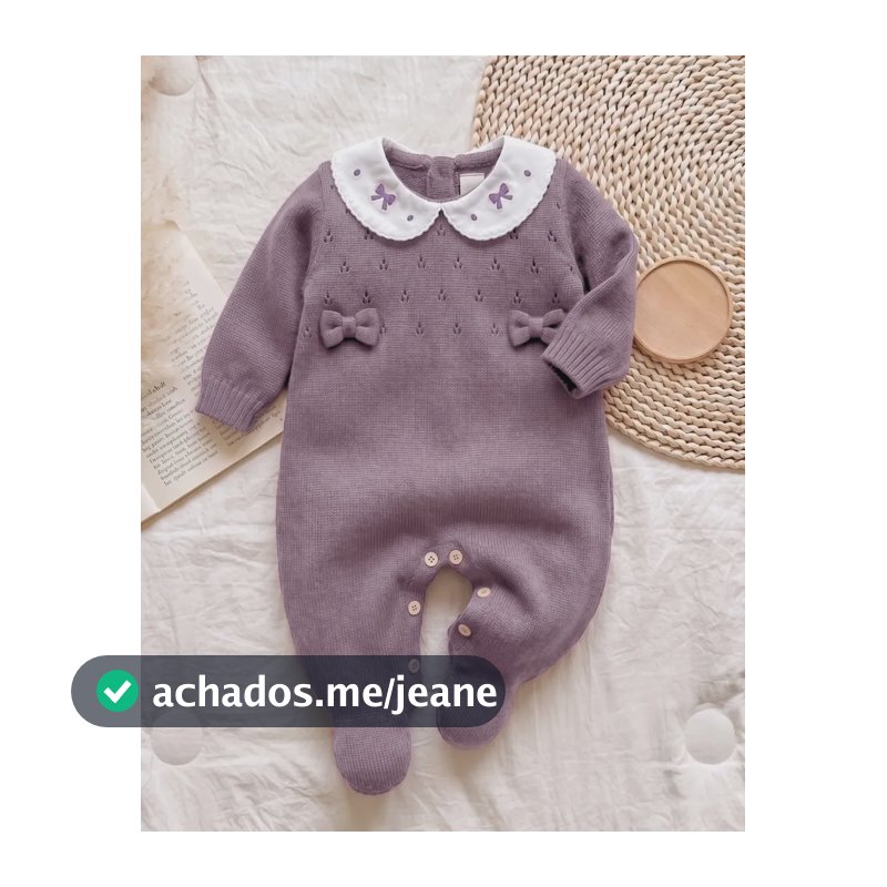 Macacão Trico Bebe Menina Luxo Com Gola Bordada E Laço Lilás P 0