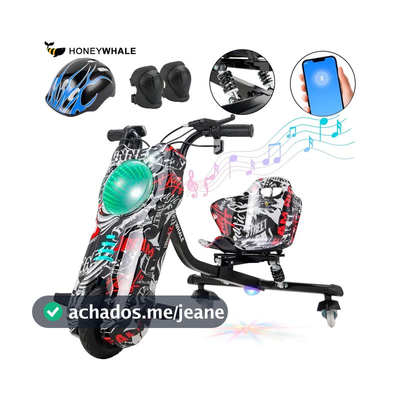 Honeywhale 007B Triciclo Elétrico Drift Infantil, 350w-75min-15km-70kg-20km/h, Com Bluetooth E LED, Com Suspensão, Pneu 8", Adequada Para Crianças De 5 A 12 Anos, Honey Whale (36v, 3.6ah) Preto