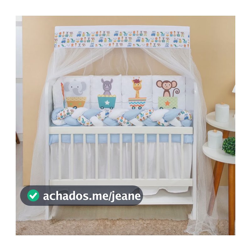 Kit Mini Berço Almofadinhas 12 Peças + Saia Bebê Trenzinho Trenzinho Azul